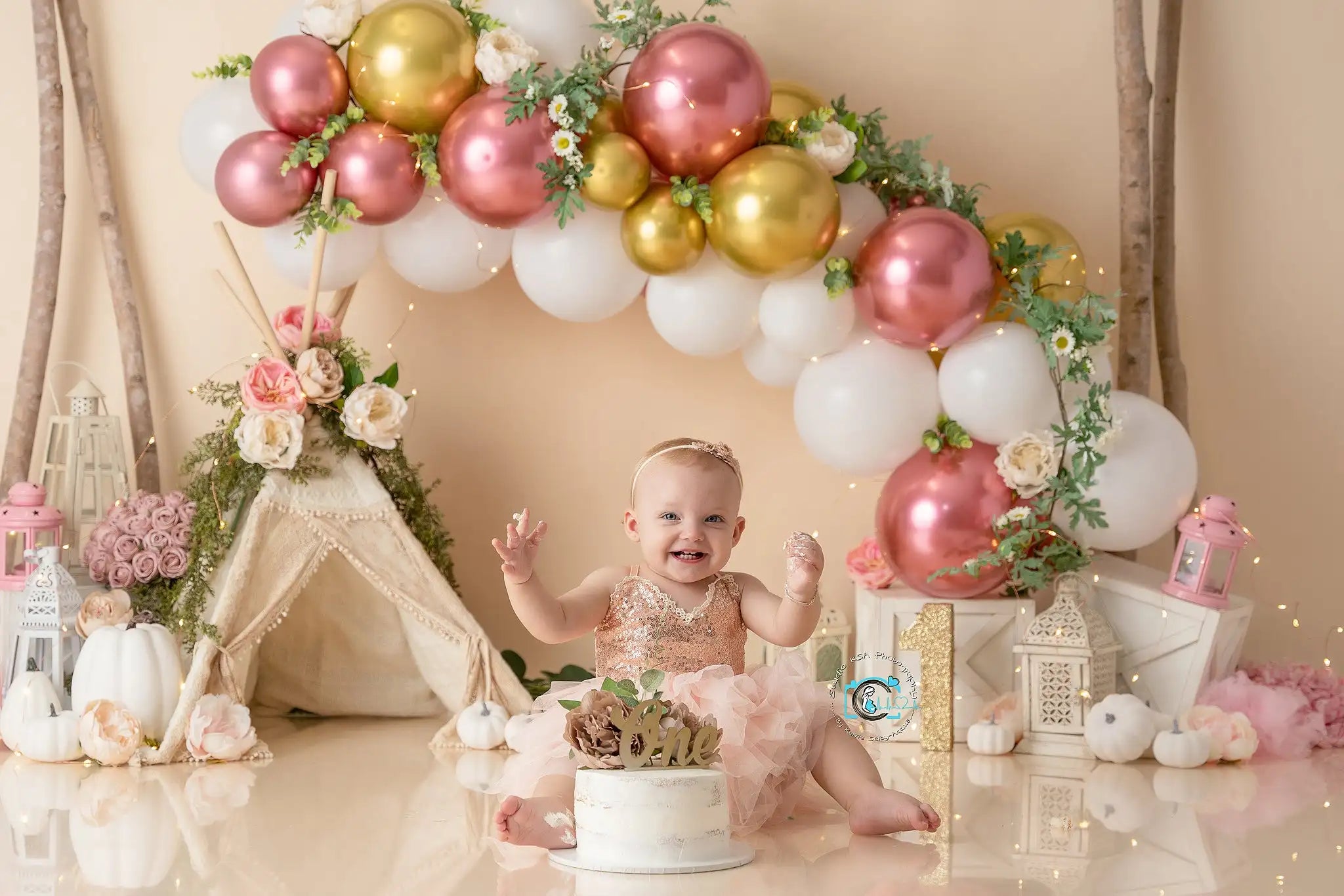 Teepee Pink and Gold Backdrop Kids Baby Cake Smash Photography Props Boho Tent Balloons Birthday Studio Backgrounds