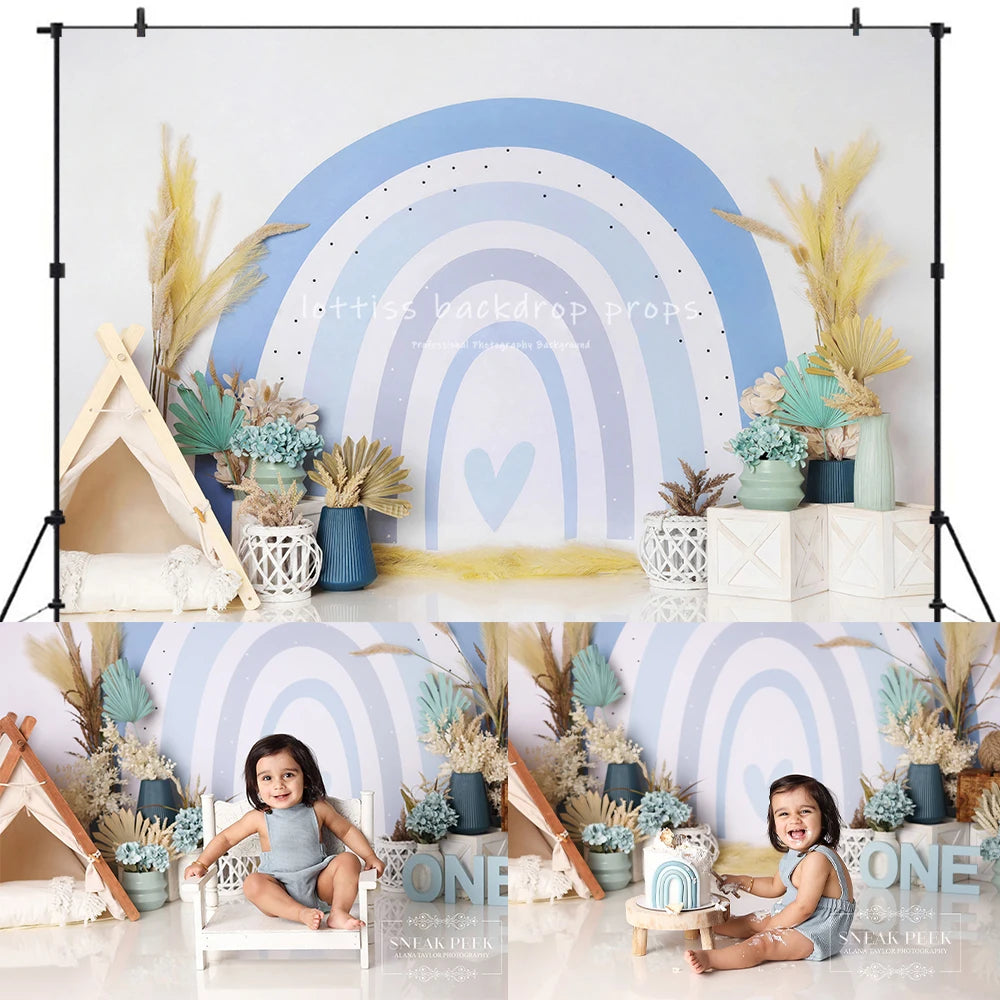 Blue Boho Rainbow Backdrops Baby Boy Birthday Cake Smash Photography Child Adult Photocall Decors Backgrounds