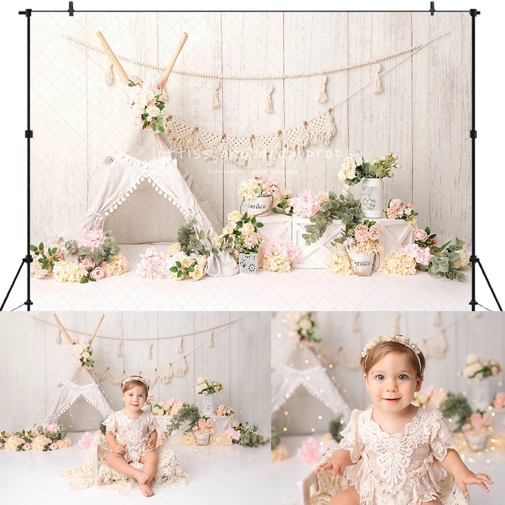 Spring Boho Garden Chic Backdrops Kids Baby Cake Smash Backdrops Child Newborn Photocall Pink Floral Tent Photocall Backgrounds