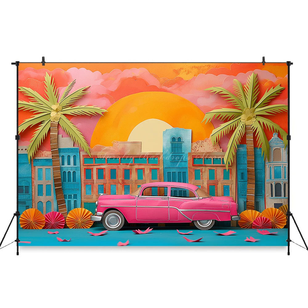 Classic Pink Car Sits on the Beach Photography Backdrop Kids Baby Cake Smash Photocall Decors Summer Plam Tree Studio Background