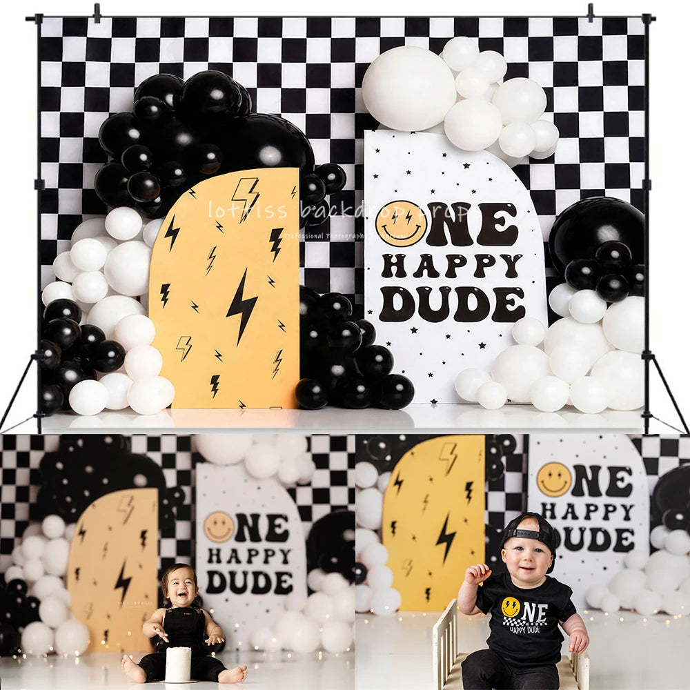 One Happy Dude Backdrops Kids Baby Cake Smash Photography Props Child Boy Photocall Decors Birthday Photo Banner Backgrounds