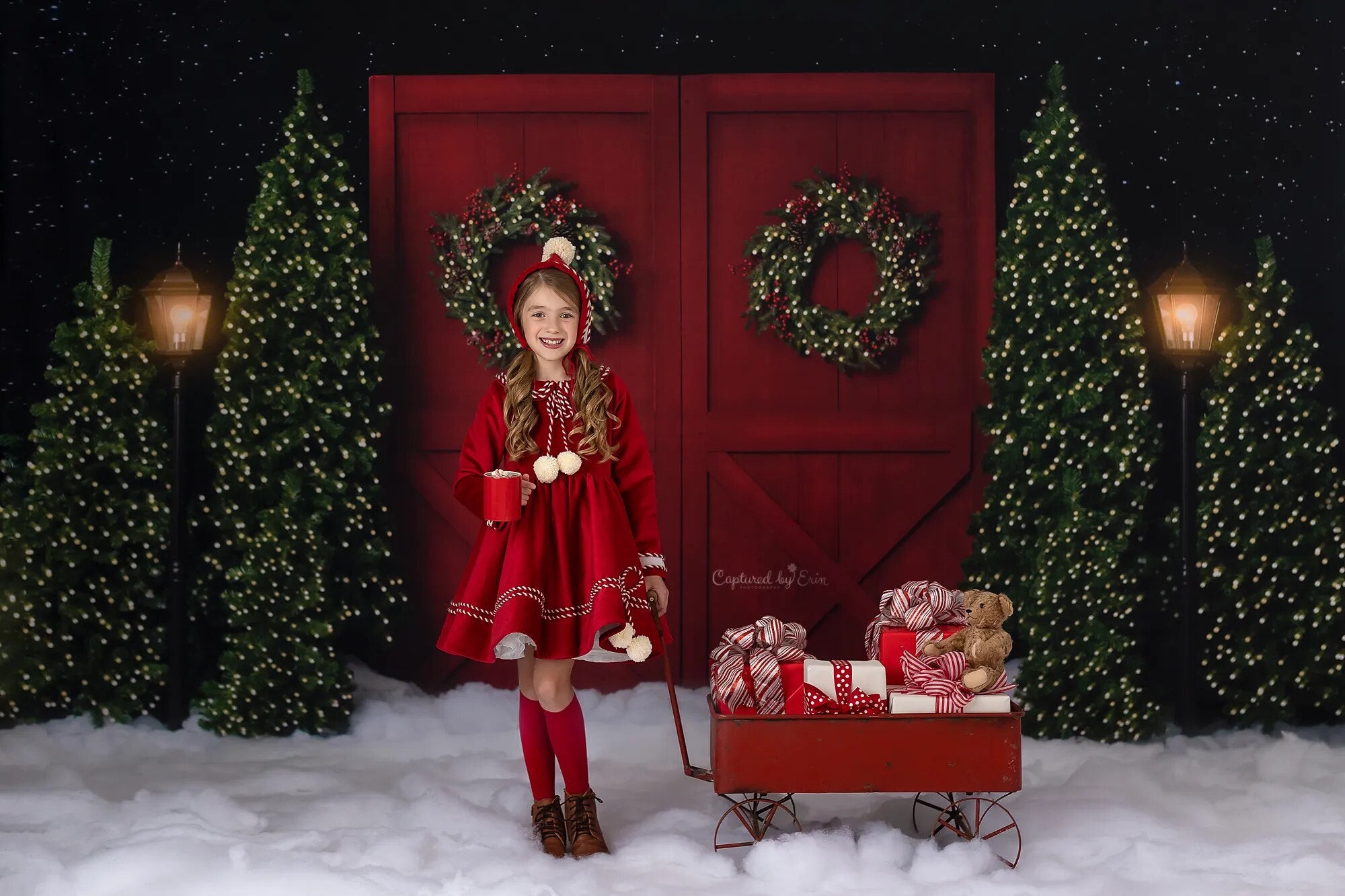 Portes de grange rouge d'hiver, photographie d'enfants, bébé adulte, séance photo de noël, arbres enneigés, flocon de neige, arrière-plan de forêt 