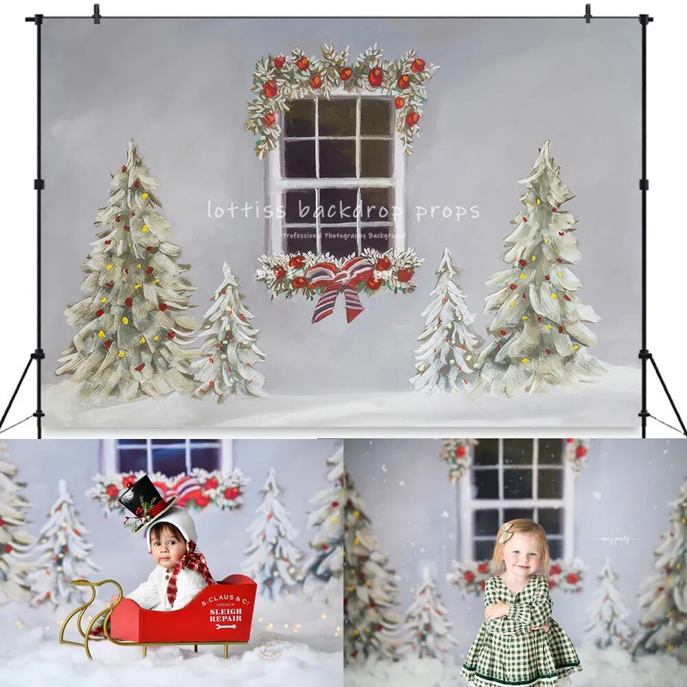 Snowy Christmas Trees Backdrops Kids Adult Portrait Props Winter Snowflake Snow Forest Background For Baby Family Photostudio