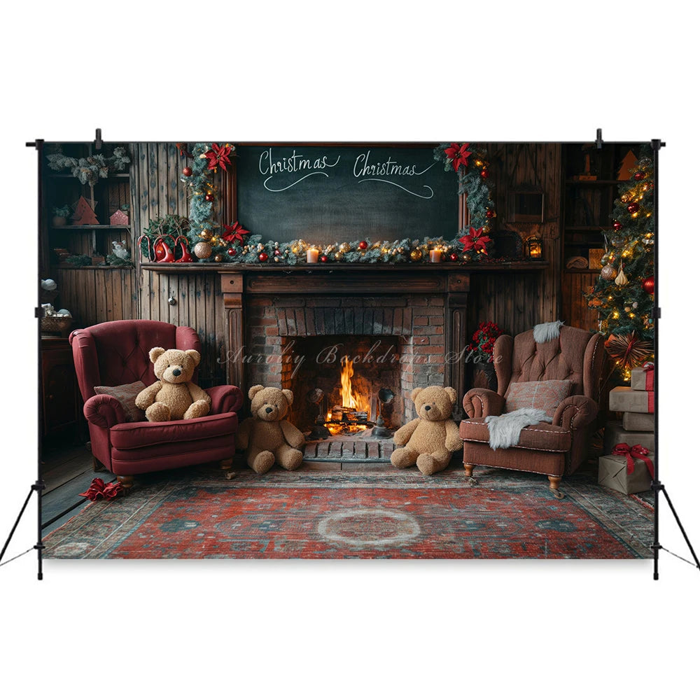 Christmas Theme Little Bear Backdrop Kids Baby Cake Smash Photography Props Fireplace Child Adult Photo Studio Backgrounds