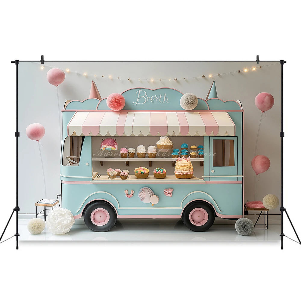 Ice Cream Truck Backdrop Kids Baby Cake Smash Photography Props Candy House Child Girls Adult Birthday Studio Backgrounds