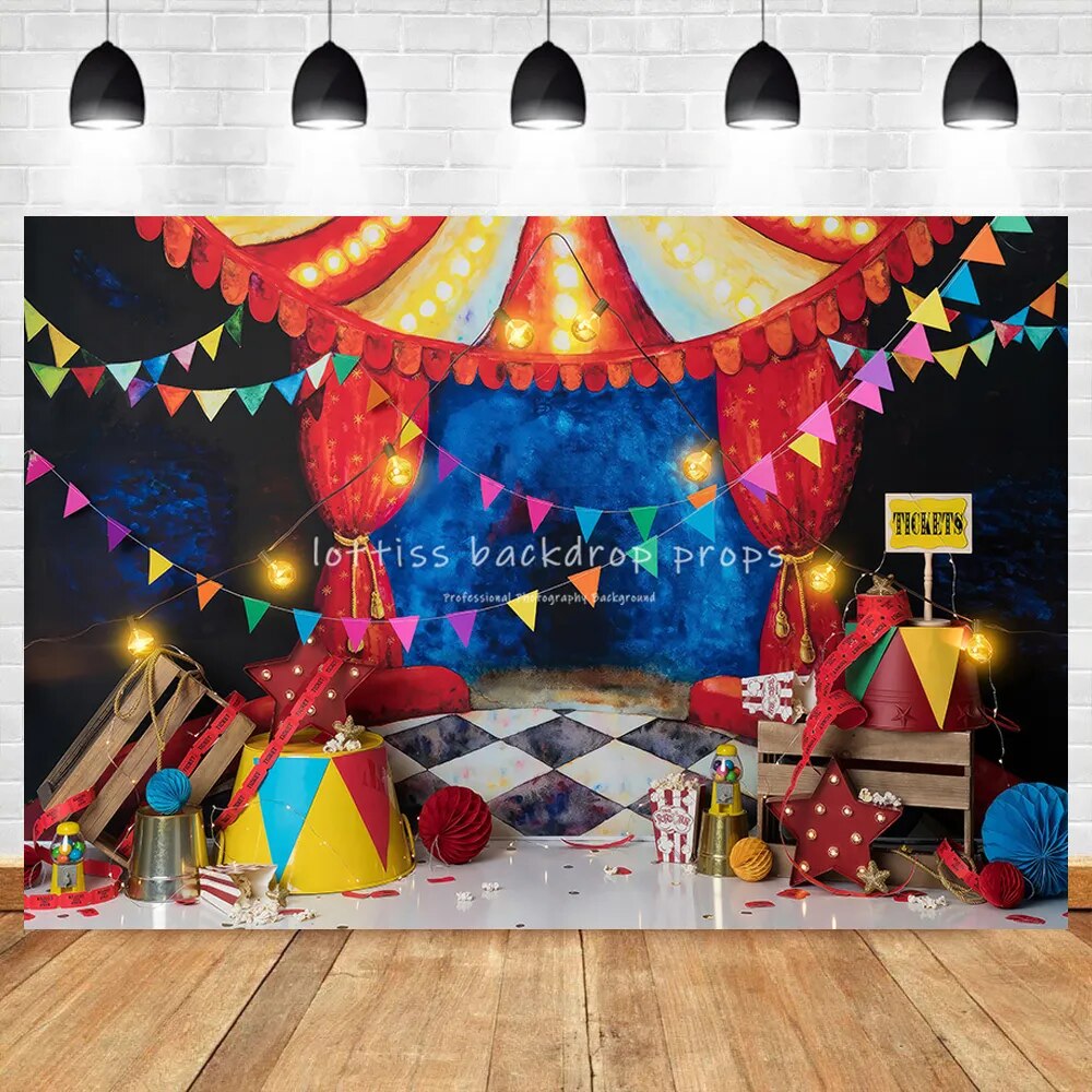 Arrière-plan de cirque Ringmaster pour enfants, accessoires de gâteau Smash, bannière d'anniversaire pour bébé, décor de fête pour bébé, arrière-plan de studio photo pour enfants 