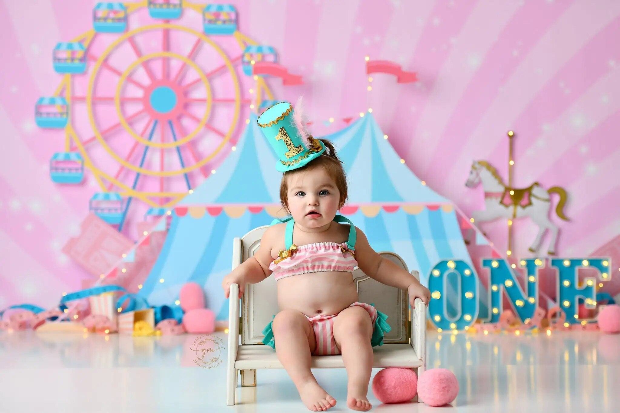 Arrière-plan de cirque d'été lumineux, gâteau d'anniversaire pour bébé fille, accessoires de photographie d'enfants, arrière-plan de grande roue pour studio photo 