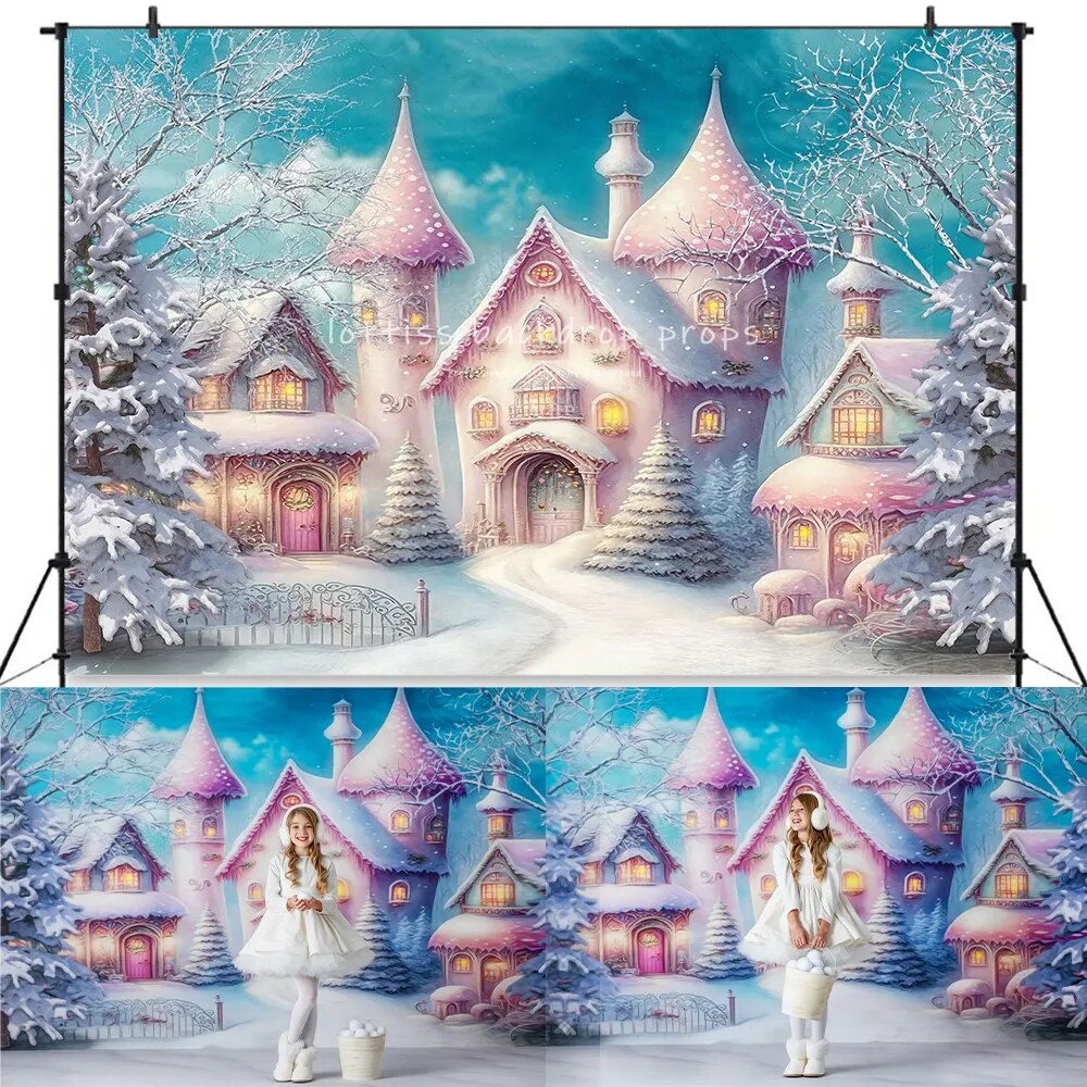 Colorful Snowy Village Backdrop Kids Adult Photography Child Baby Photocall Props Winter Christmas Snowflake Castle Background