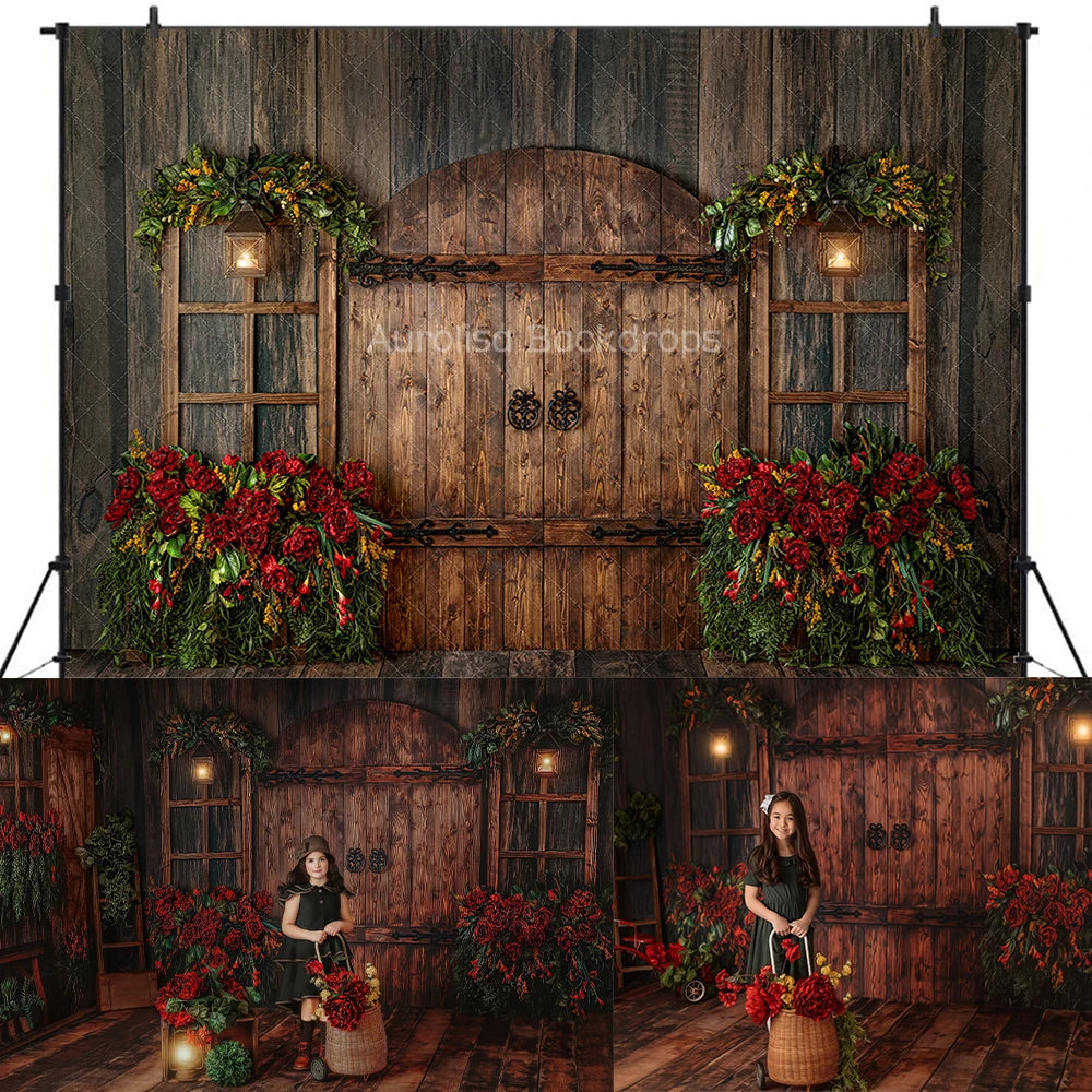 Spring Hideaway Garden Room Backdrops Kids Girl Photography Prop Child Adult Photocall Decors Rose Floral Wooden Door Background