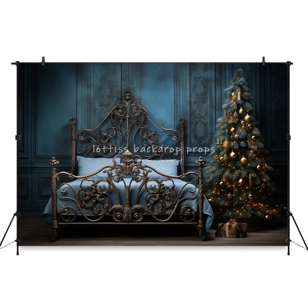 Christmas Headboard Bedroom Backdrops Kids Adult Photography Props Child Baby Photocall Decors Gold Xmas Trees Background