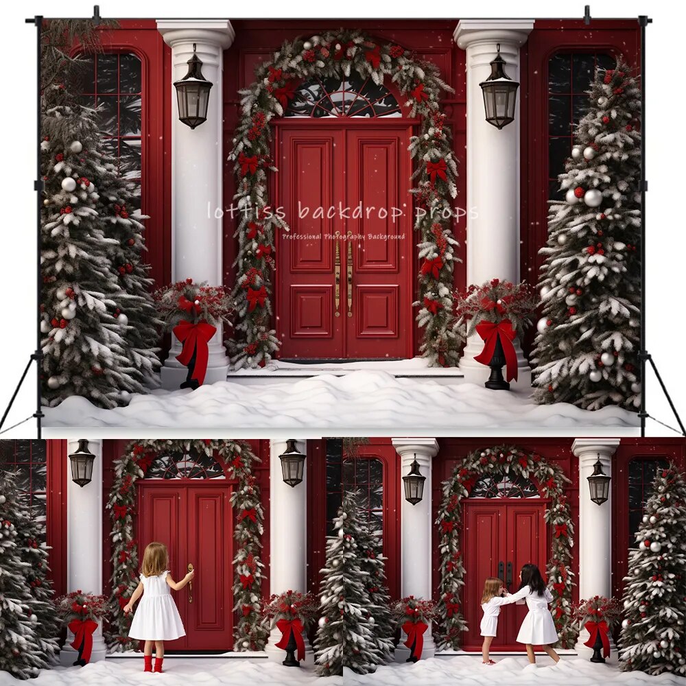 Christmas House Front Door Backdrops Kids Adult Photography Props Child Baby Photocall Decors Wooden Door Snowy Xmas Background