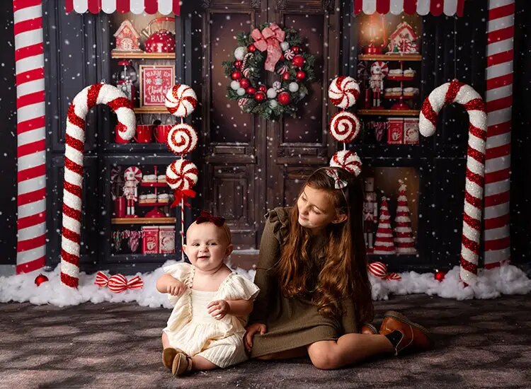 Arrière-plan de magasin de cacao chaud de noël, pour enfants, bébés, photographie, enfants et adultes, hiver, séance photo, flocon de neige, arrière-plan de rue 