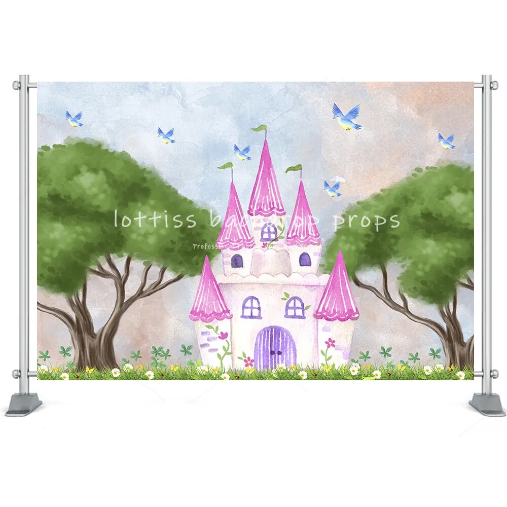 Romantic Castle Background Princess Kids Birthday Party Props Baby Photography Unicorn Carriage Girl Child Cake Smash Backdrop