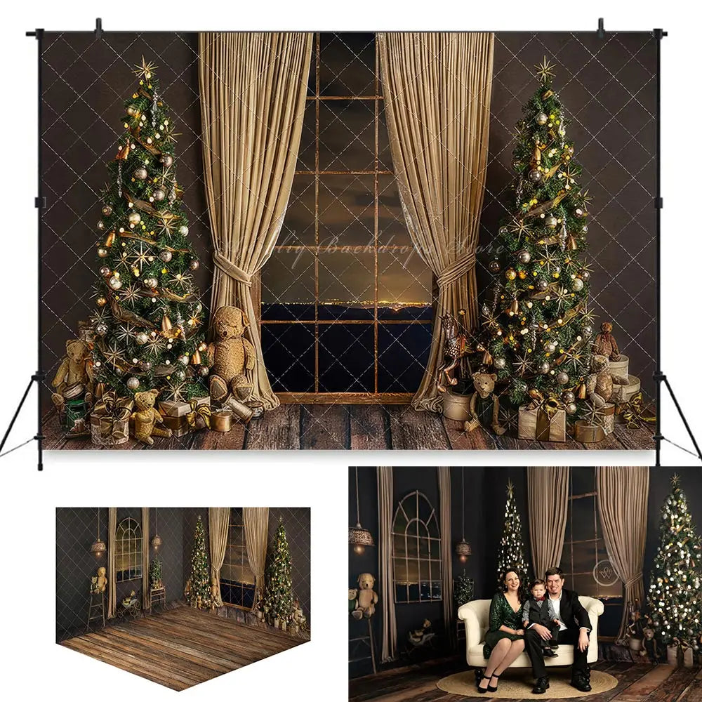 Christmas Golden Holiday Backdrop Metal Framed Windows Baby Kids Portrait Family Party Photocall Photograhy Background