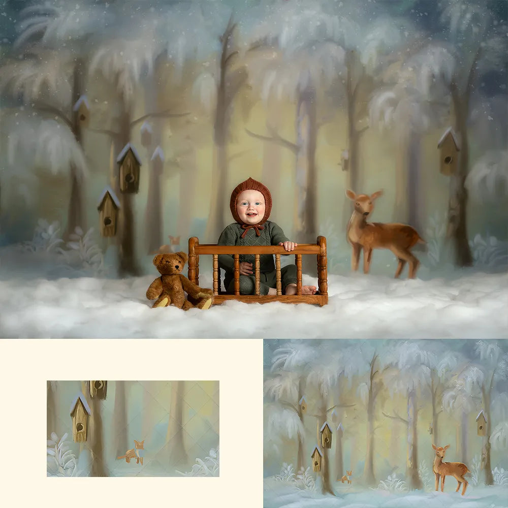 Arrière-plan d'animaux de la forêt d'hiver, accessoires de photographie pour enfants, séance photo pour bébé, pour studio photo, arbres enneigés de noël, arrière-plan de cerf 