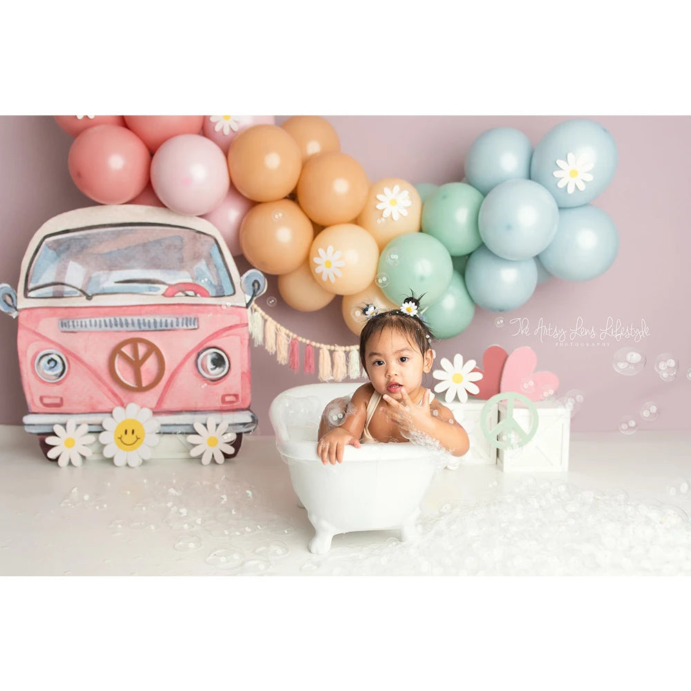 Groovy Cute Pink Truck Balloon Photo Background Girl Birthday Cake Smash Photography Backdrop White Daisy Photo Studio Props