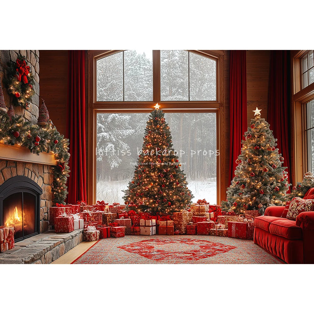 Christmas Windows Santa Fireplace Backdrops Kids Adult Child Baby Photocall Xmas Trees Living Room Red Curtains Backgrounds