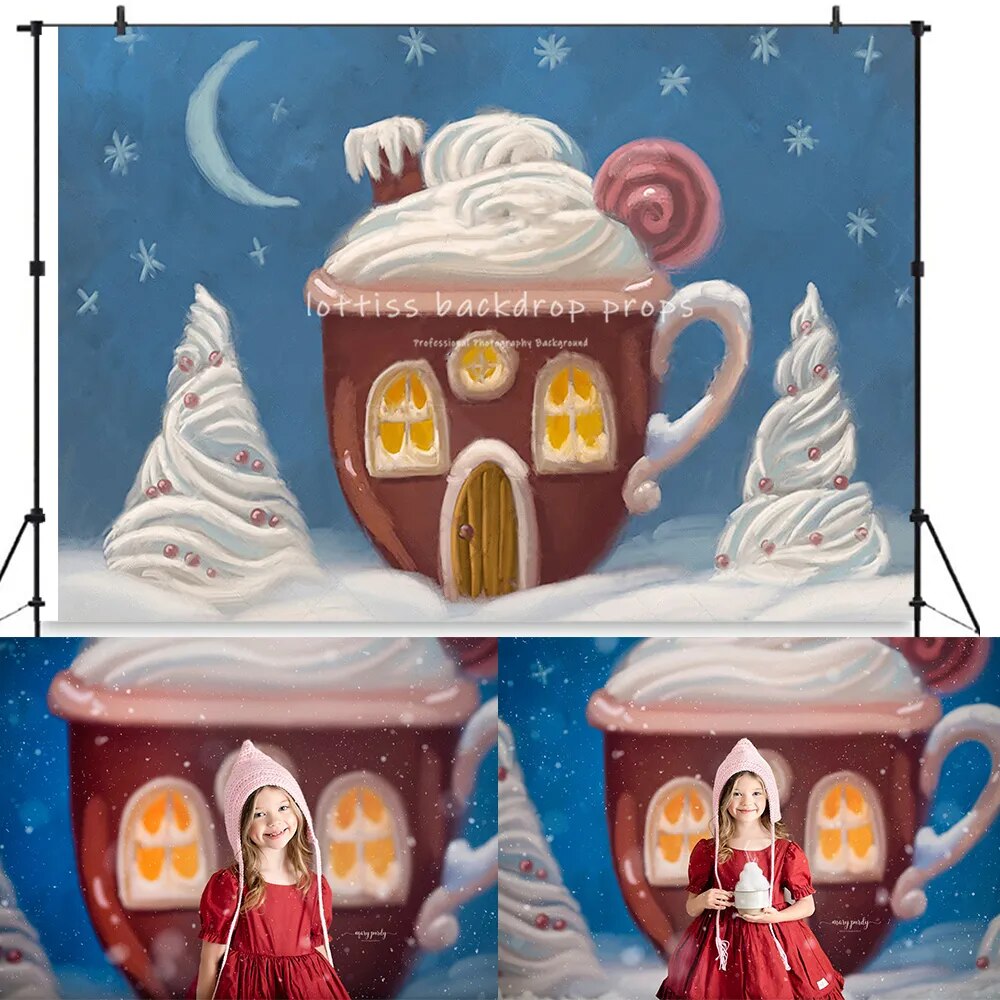 Winter Snowy Store Backdrops Child Adult Portrait Photocall Props House Front Snowflake Xmas Trees Background For Photostudio