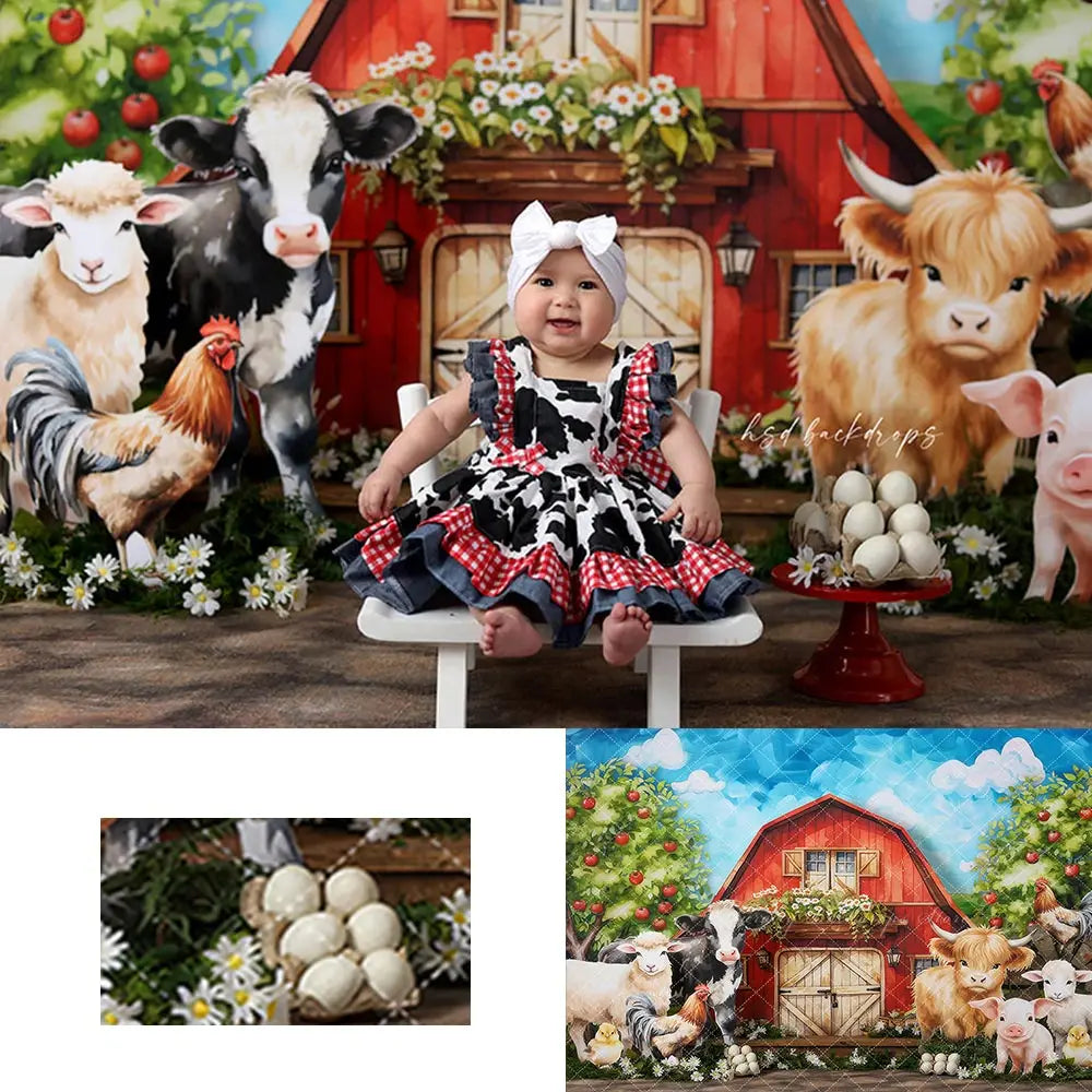 Farm Theme Backdrop Red Barn and Animals Kids Baby Cake Smash Photocall Decors Child Girls Adult Birthday Backgrounds