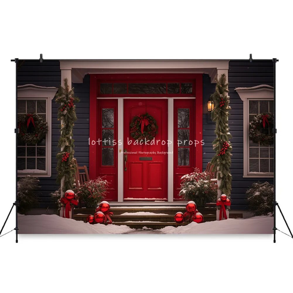 Christmas House Front Door Backdrops Kids Adult Photography Props Child Baby Photocall Decors Wooden Door Snowy Xmas Background