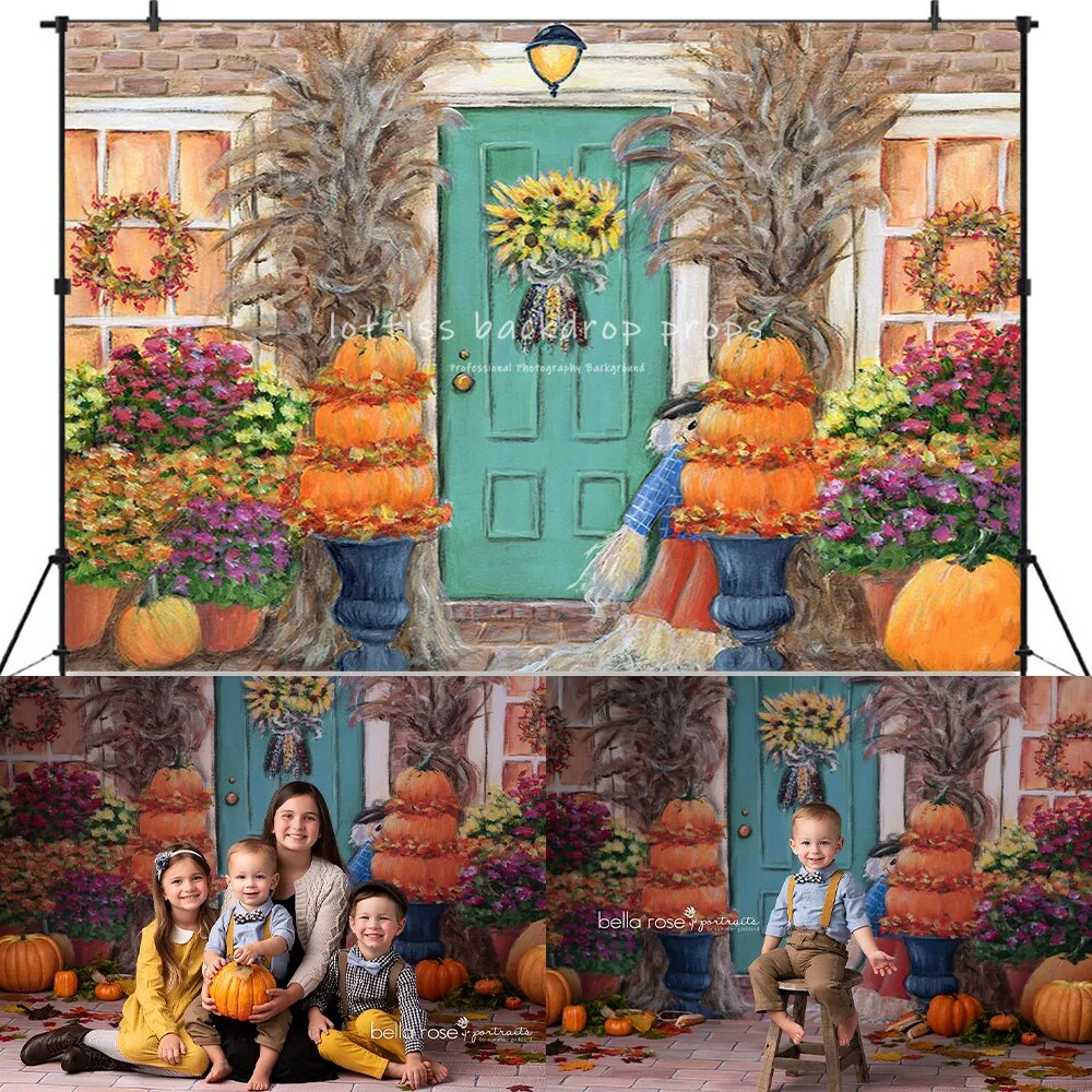 Autumn House Door Front Backdrops Kids Adult Photography Child Baby Birthday Cake Smash Photocall Pumpkin Lantern Background