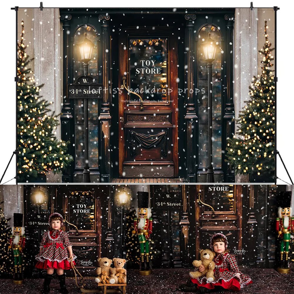 Arrière-plan de boutique de jouets de noël, pour enfants, bébés, photographie, adultes, accessoires de séance photo, hiver, noël, rue enneigée 