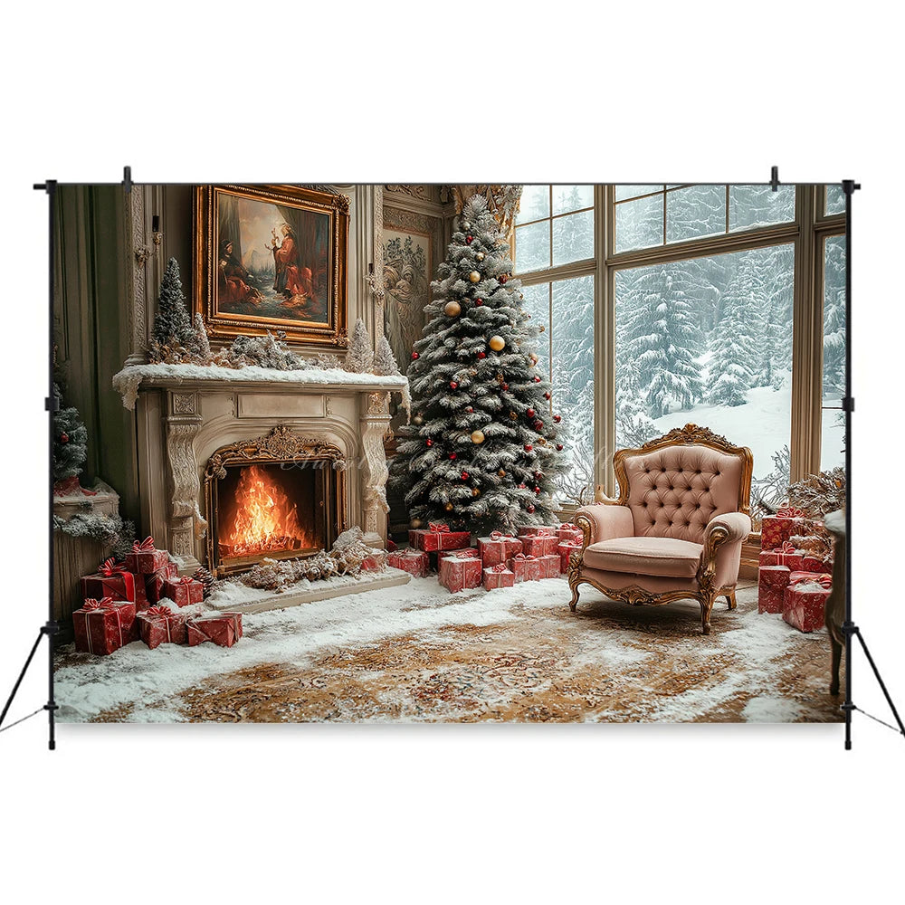 Elegant Christmas Fireplace Scene With Toy Bear Backdrop Kids Baby Cake Smash Photography Props Studio Backgrounds