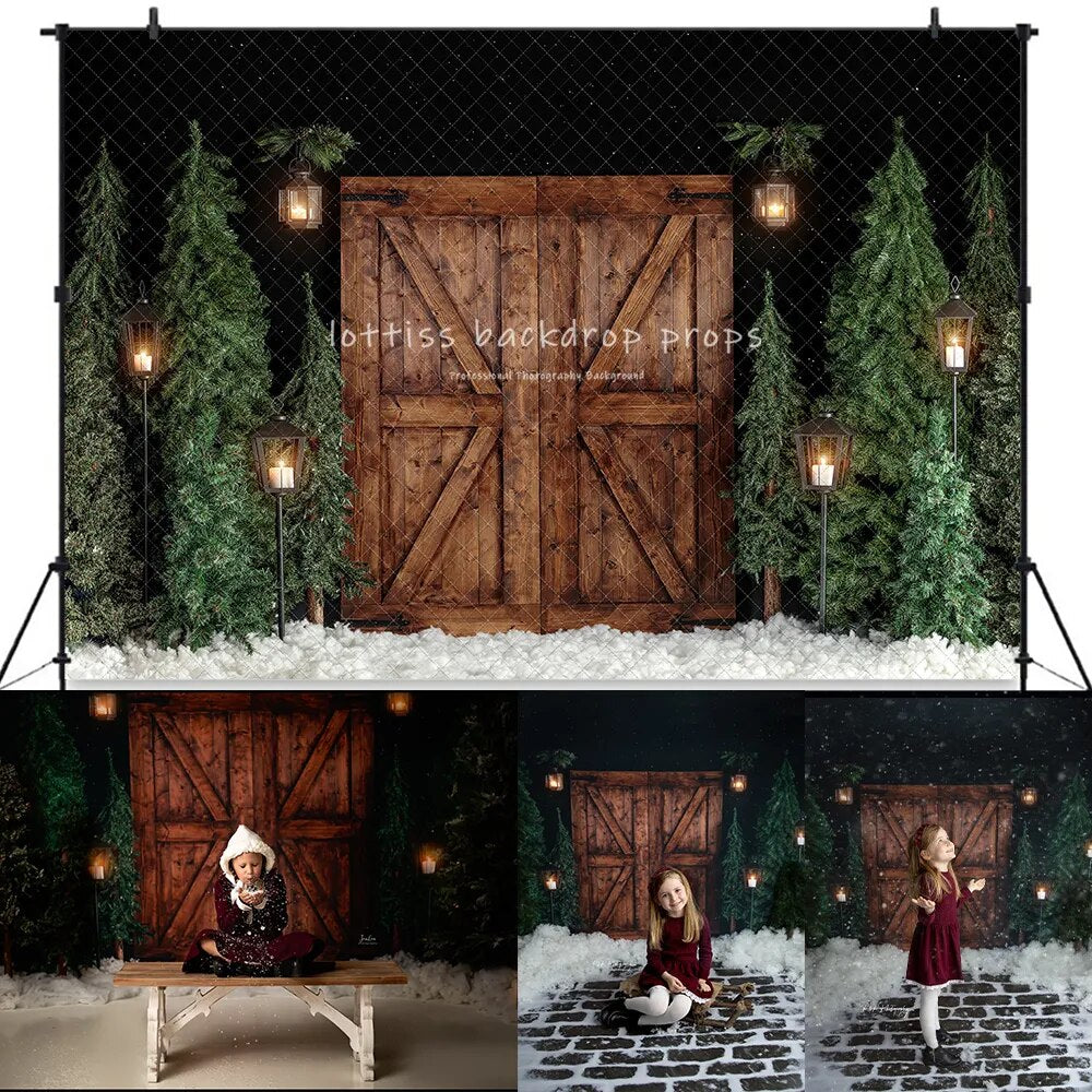 Soirée enneigée hiver porte de grange arrière-plan enfants photographie enfant bébé Photocall accessoires noël bois neige forêt fond 