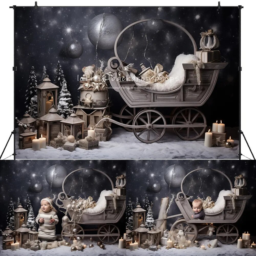 Arrière-plan de forêt enneigée de noël, accessoires de photographie pour enfants et bébés, pour séance photo, flocon de neige, arrière-plan de chariot de noël 