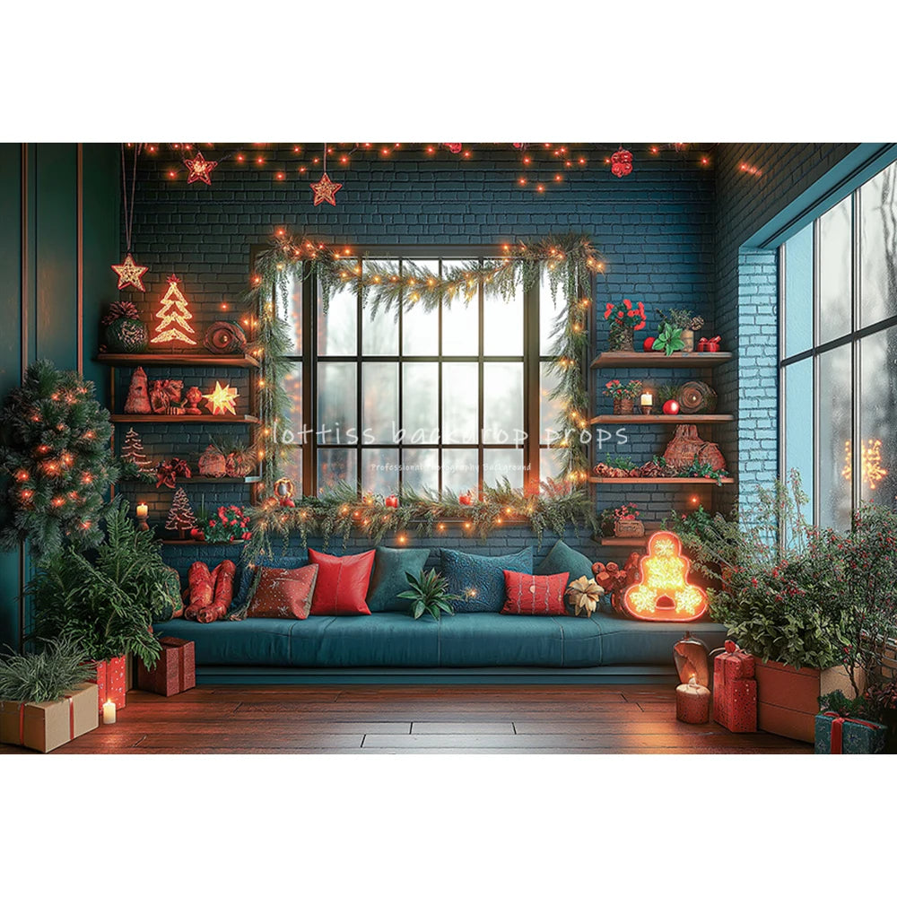 Christmas Windows Fireplace Backdrops Kids Adult Photography Child Photocall Xmas Trees Wreath Curtains Winter Backgrounds