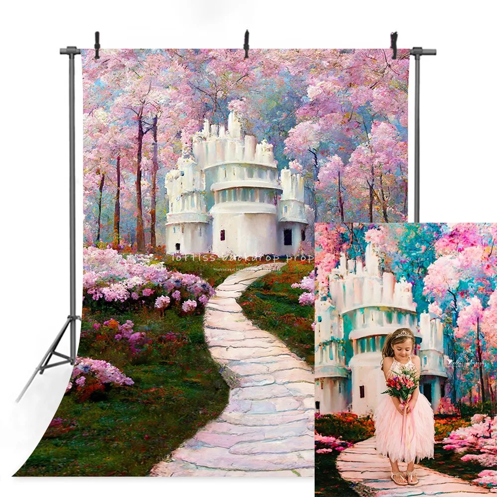 Arrière-plan de château fantaisie, route florale, accessoires de photographie pour enfants et adultes, arrière-plan de forêt de fleurs d'anniversaire pour enfants et bébés 