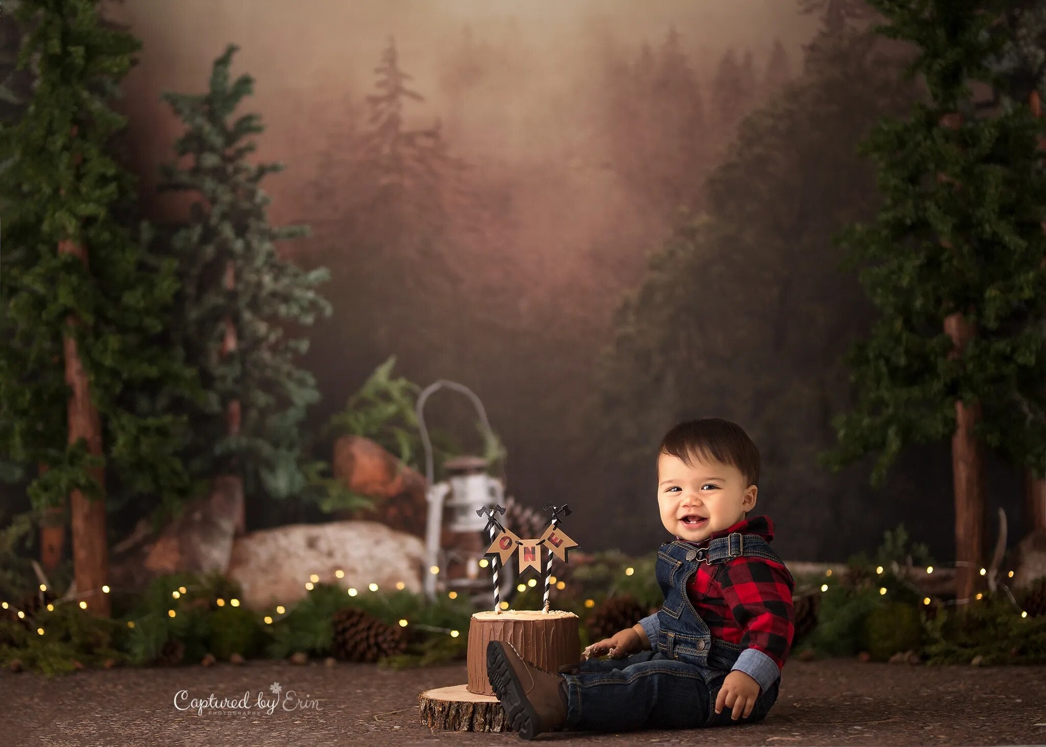 Arrière-plan de camping confortable, accessoires de gâteau pour enfants, accessoires de séance photo d'anniversaire, photographie de bébé, arrière-plan de forêt sauvage