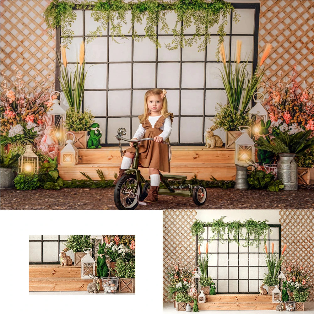 Bunny Easter Windows Spring Backdrops Baby Child Photocall Props Adult Girl Photography Garden Floral Plants Backgrounds