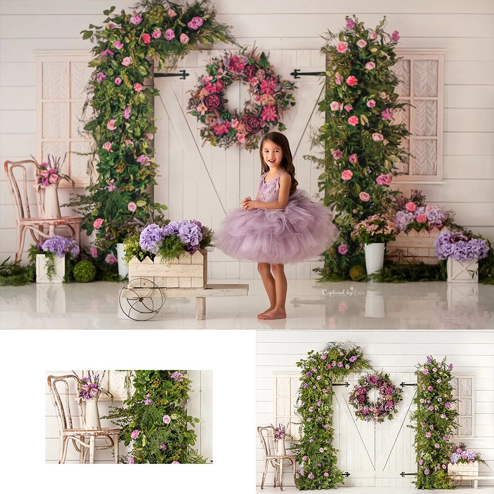 Spring Florists Greetings Backdrops Kids Gril Photography Props Child Adult Photocall Decors Flower Wooden Door Background