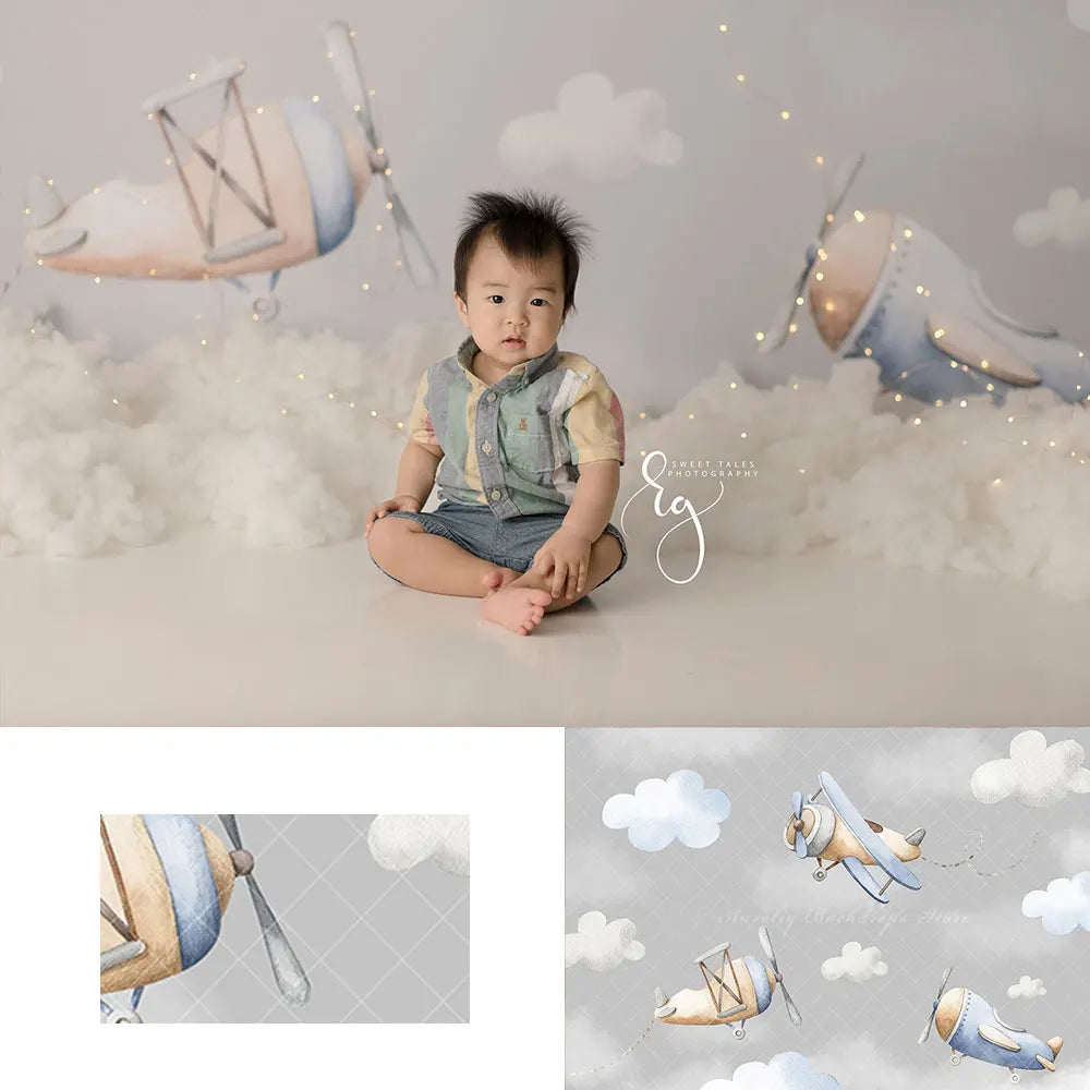 Vintage Airplanes Backdrop Kids Baby 1st Birthday Photocall Decors White Clouds Child Adult Studio Photography Backgrounds