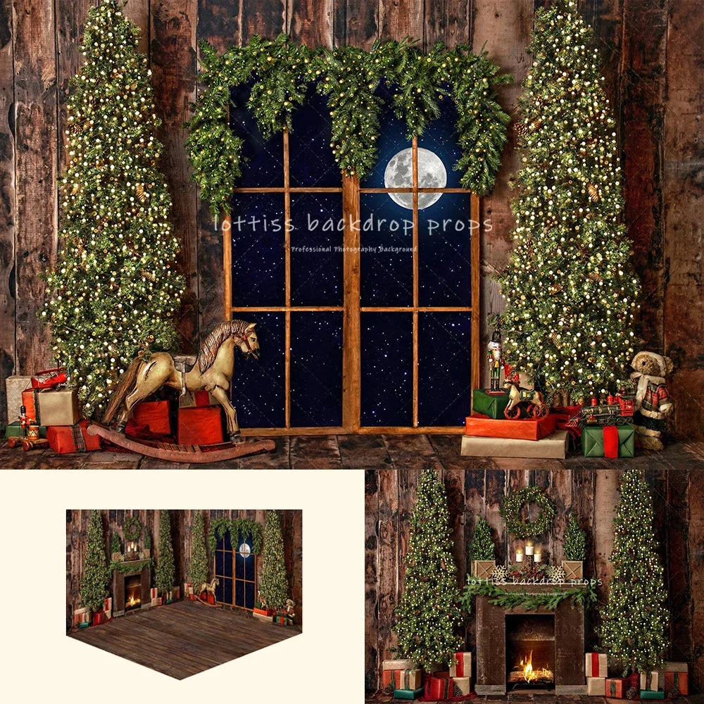 Classic Rustic Window Trees Xmas Backdrops Kids Family Photography Baby Adult Photocall Winter Christmas Fireplace Background