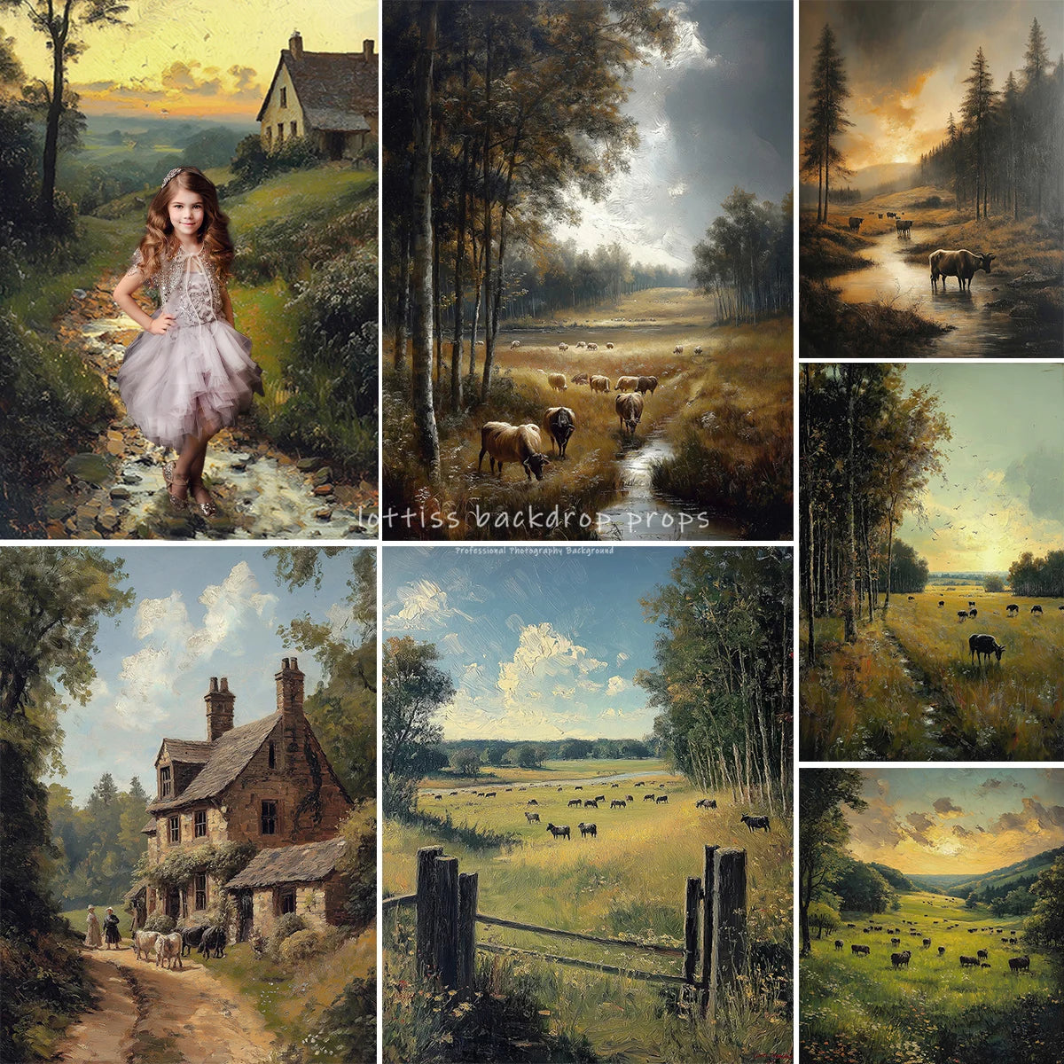 Village Cows Farm River Scenery Oil Painting Photography Backdrops Wedding Kids Adult Photocall Sunset Countryside Backgrounds