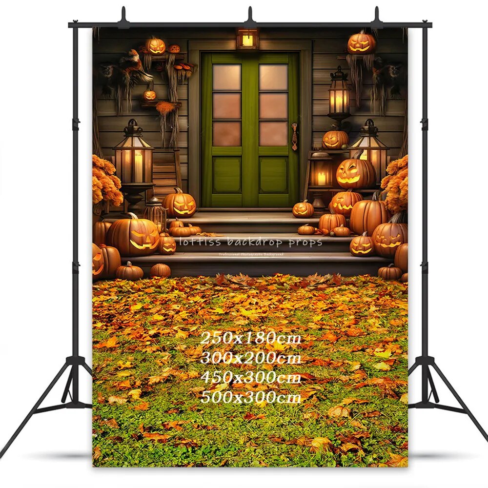 Pumpkin Porch Green Door Backdrops Kids Adult Photography Child Baby Photocall Props Autumn House Front Background