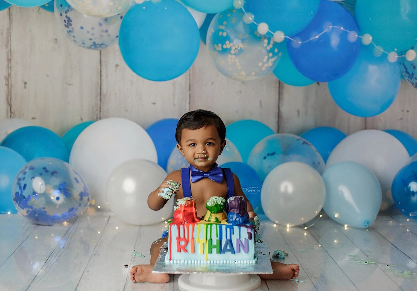 Blue Balloons Backdrops Boy Cake Smash Props Birthday Party Portrait Props Children Baby Balloon Wood Wall Background