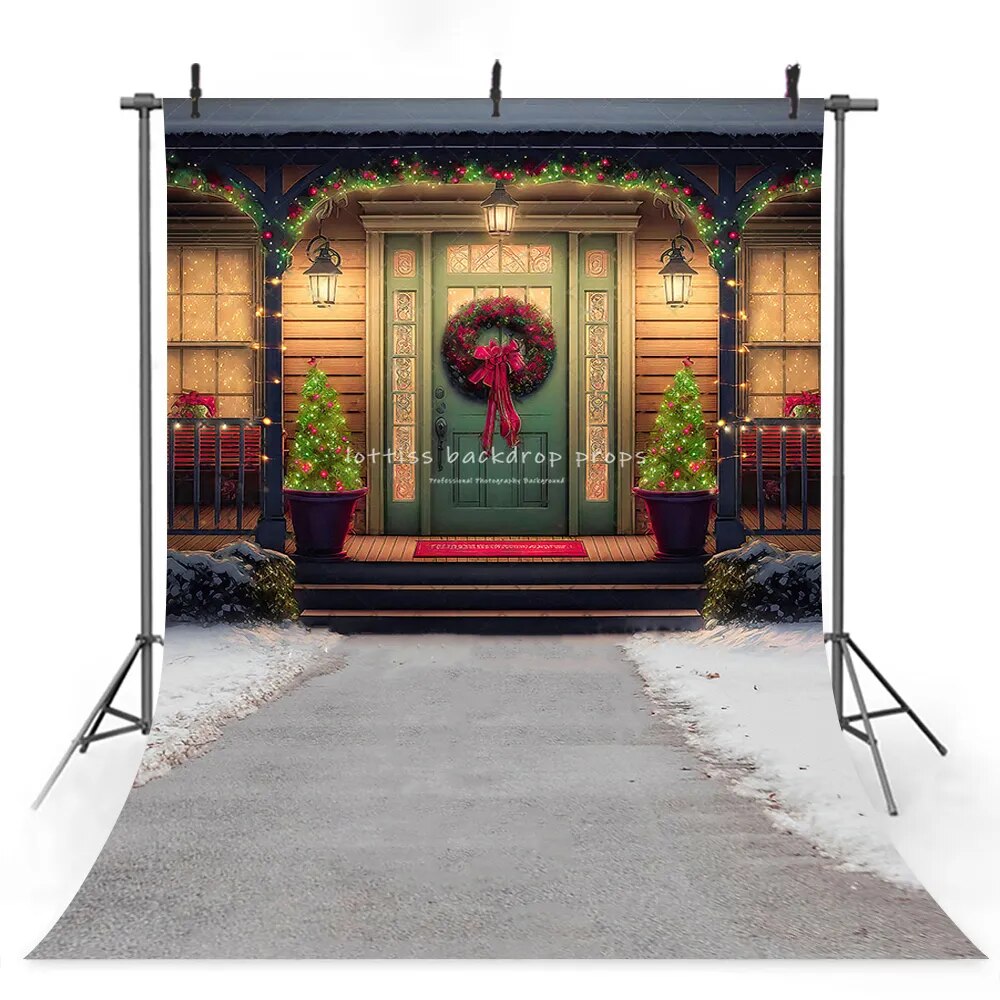 Christmas House Photography Backdrops Children Family Photocall Baby Girl Xmas Wooden Door Festival Background