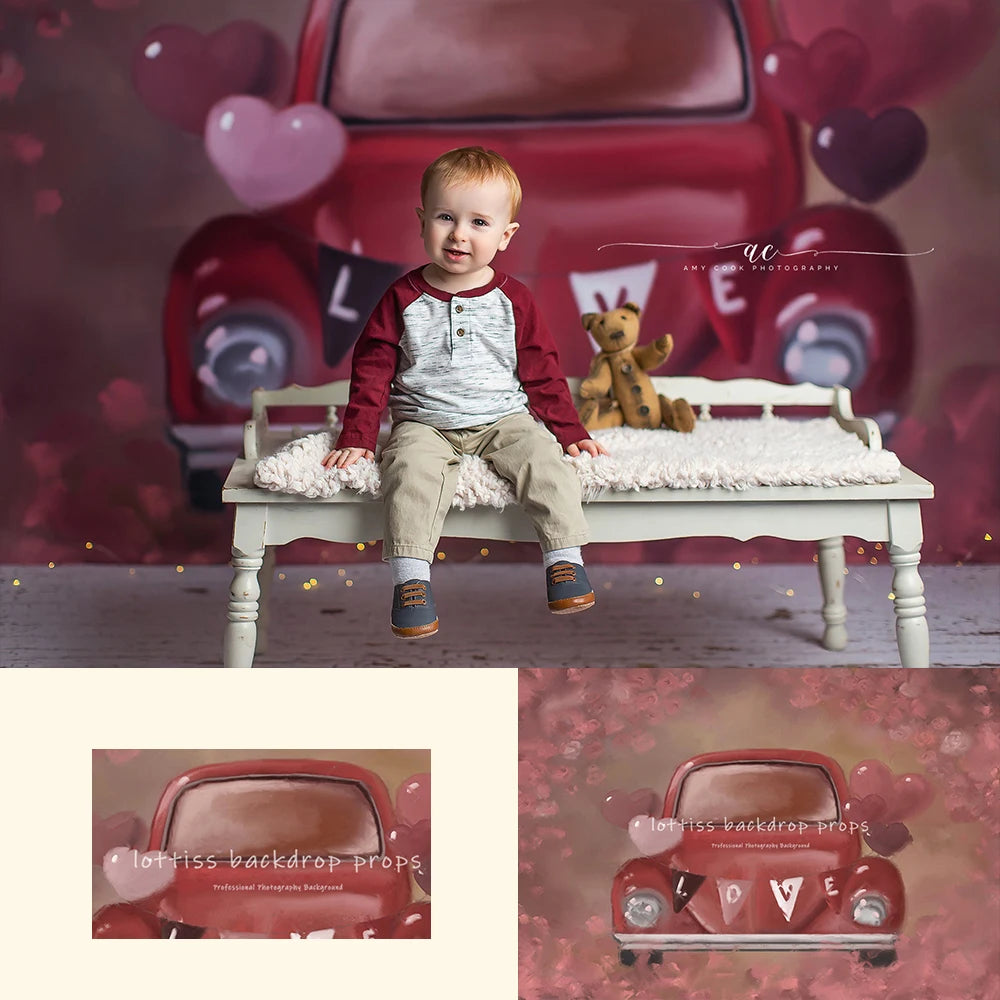 Love Bug Car Valentine Day Backdrops Kids Baby Photography Props Child Adult Birthday Cake Smash Photocall Decors Background