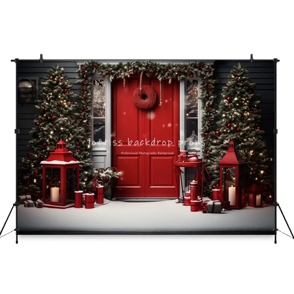 Christmas House Front Door Backdrops Kids Adult Photography Props Child Baby Photocall Decors Wooden Door Snowy Xmas Background