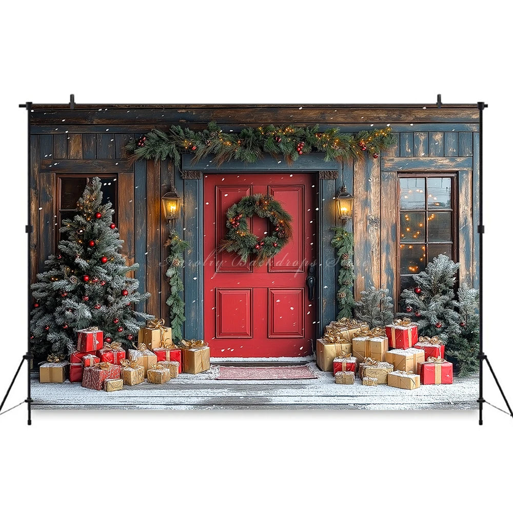 Christmas Red Door With Wreaths And Garlands Photography Backdrop Baby Kids Portrait Family Party Photocall Studio Backgrounds