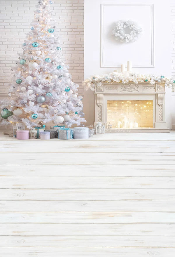 Christmas Wooden Floor Interior Decoration Fireplace and Gifts Baby Kids Portrait Family Party Photocall Photograhy Background