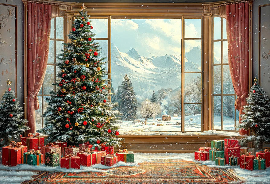 Large Window With Curtains Christmas Photo Backdrop Baby Kids Portrait Family Party Photocall Photograhy Background