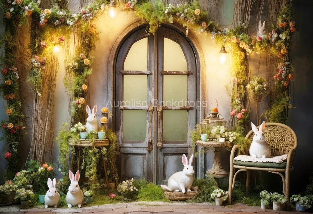 Garden Doors Backdrops Kids Baby Spring Photography Props Child Adult Girl Photocall Country Pink Rose Floral Bunny Background