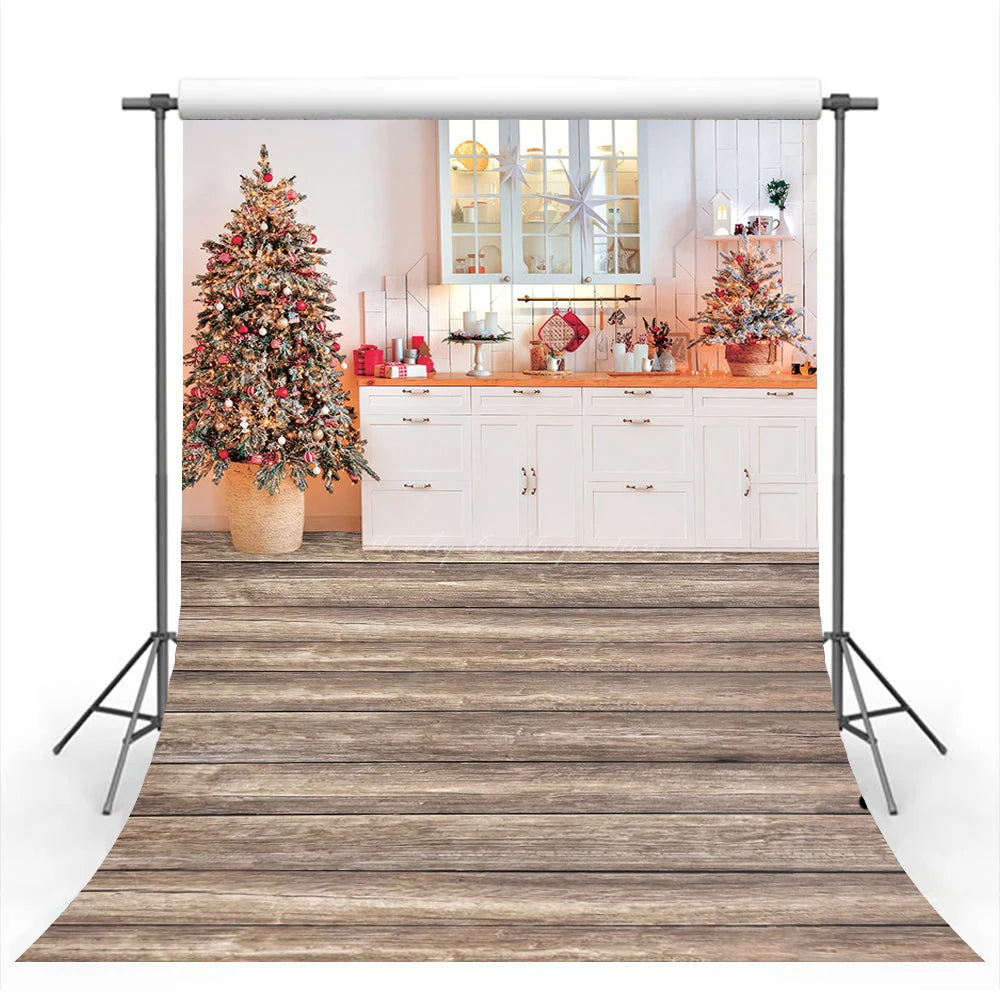 Gifts Under the Christmas Tree Photography Backdrop Kitchen Decorated for the Holidays Kids Baby Cake Smash Photocall Decors