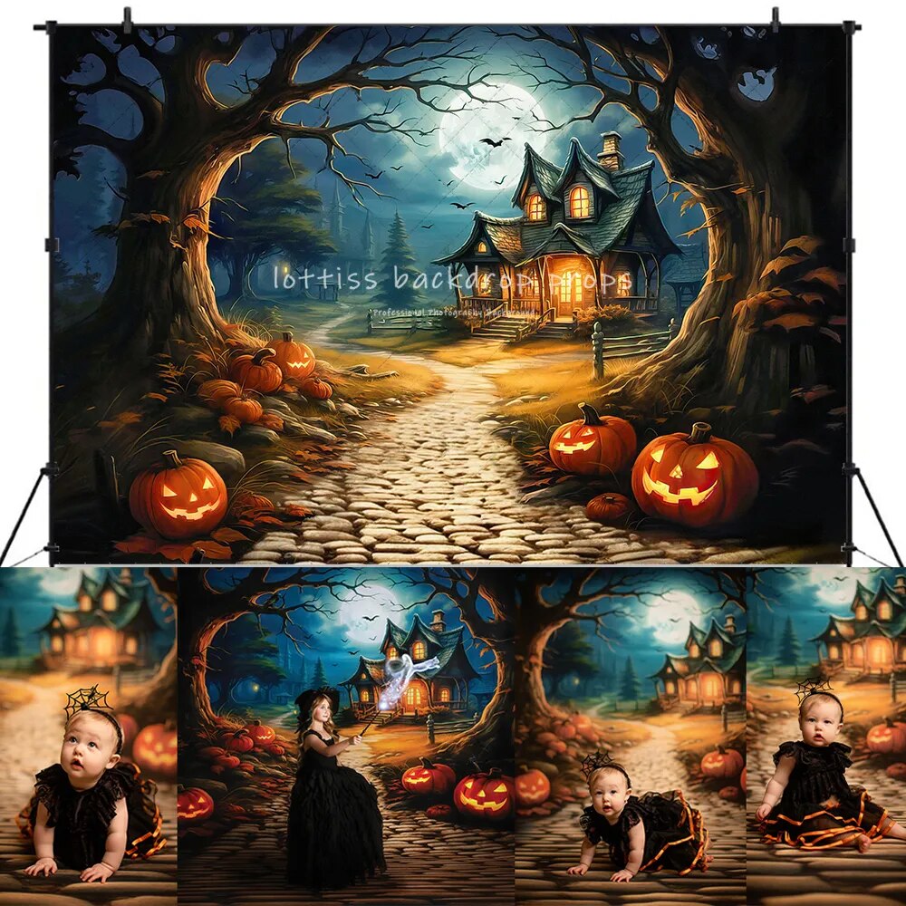 Halloween Pumpkin Lantern Backdrops Kids Child Photgraphy Kids Photocall Festival Wizard Ghost House Front Background