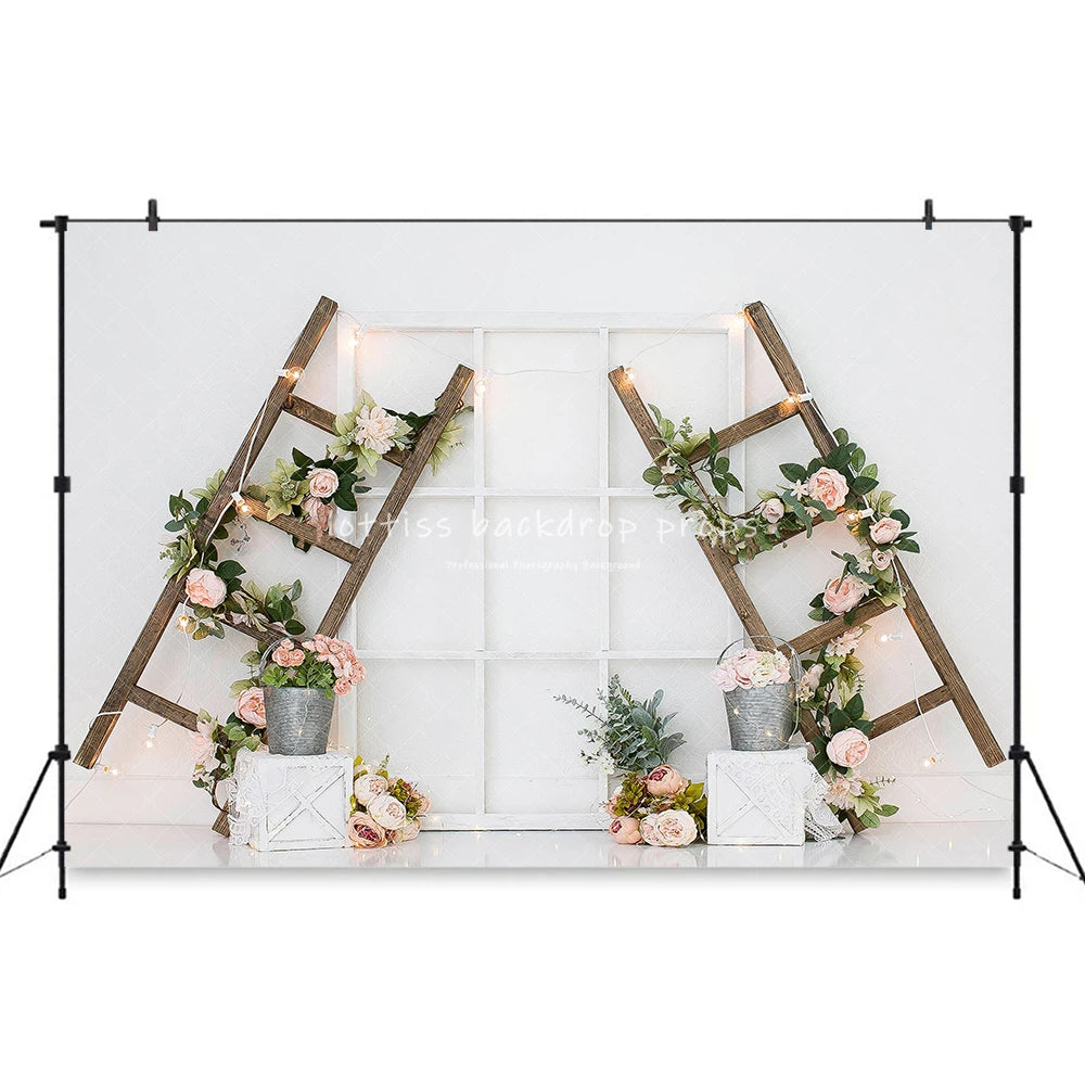 Springtime Ladder Garden Backdrops Kids Adult Photography Child Adult Photocall Cake Smash Birthday Decors Spring Backgrouds