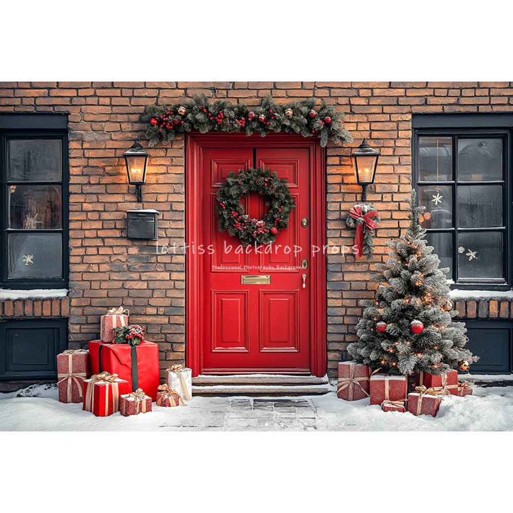 Winter Christmas Cottage Backdrops Kids Adult Photography Country House Entrance Red Door Gift Box Xmas Trees Backgrounds